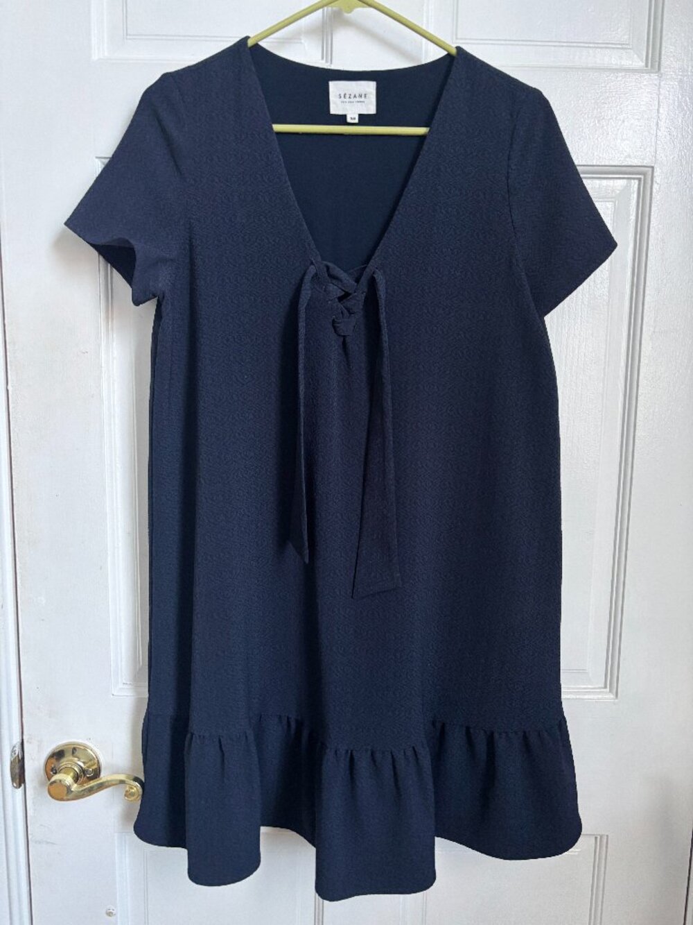 SEZANE Dress Short Sleeve Summer Lace Up tie Front Navy Blue Cute 38 US 6 S M